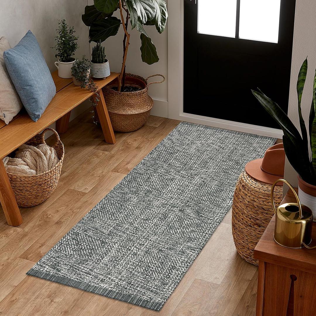 LEEVAN Boho Kitchen Rug 2' x 4.3', Washable Bathroom Runner Rug Grey Reversible Small Hallyway Rug, Farmhouse Front Door Mat Modern Bedroom Carpet for Foyer Laundry Entryway Proch Decor