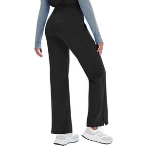 Women Yoga Scrub Pants Straight Mid Rise Elastic Waist Cargo Work Pants with Five Pocket 4-Way Stretch (Medium, Black)