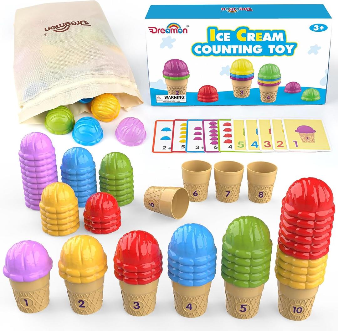 Ice Cream Color Sorting Toys for Toddlers, Montessori Counting Pretend Play Toys - 76 Pieces, Early Math Manipulatives Learning Toys with 10 Educational Number Cards for Preschool Kids (Number)