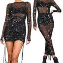Womens Mesh Dress Ruched Glitter Long Sleeve Bodycon Sexy See Through Clubwear Rave Outfits Small