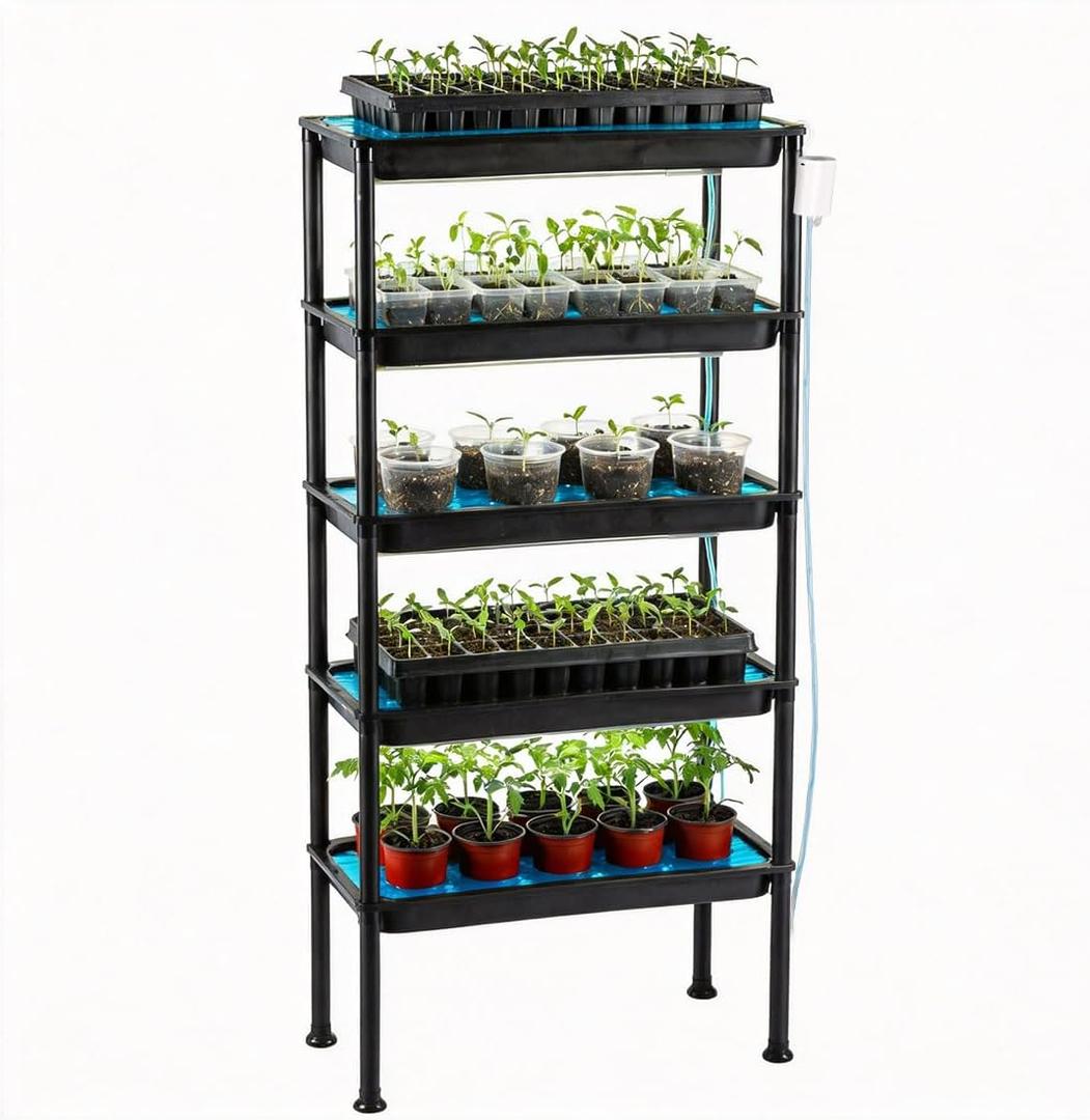 5‑Tier Ebb & Flow Bottom‑Watering Plant Stand with Timer Auto Water Pump, Siphon Self Irrigation Growing Rack, Heavy Duty UV Resistant Vertical Shelf for Seed Starter Trays & Nursery Pots