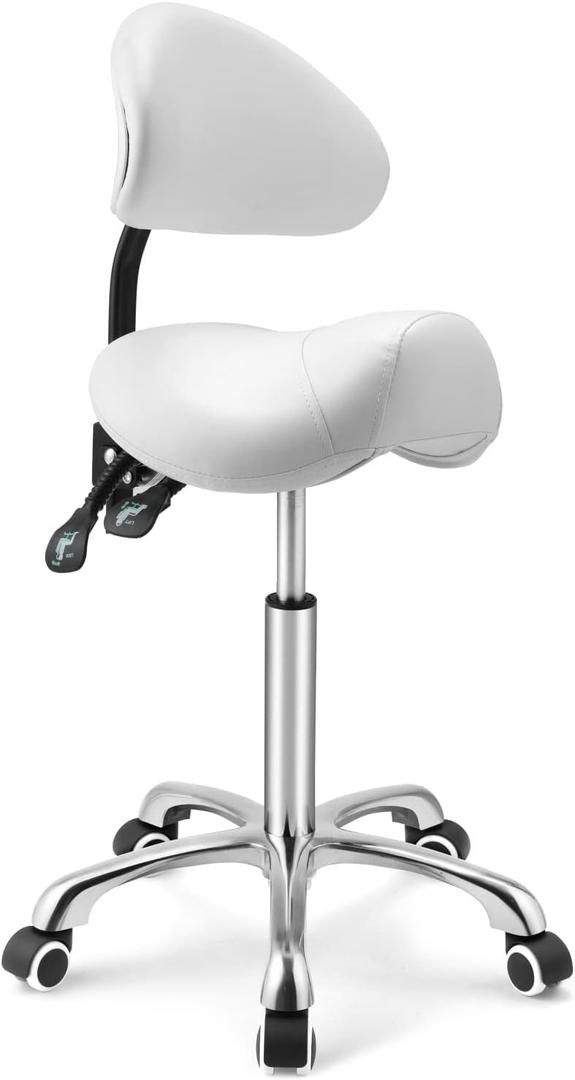 Kaleurrier Saddle Stool Rolling Swivel Height Adjustable with Wheels,Heavy Duty Anti-Fatigue Ergonomic Saddle Chair for Hair Beauty Salon Lab Dental Massage Office Home Kitchen (with Back, White), 21" X 21" X 34"