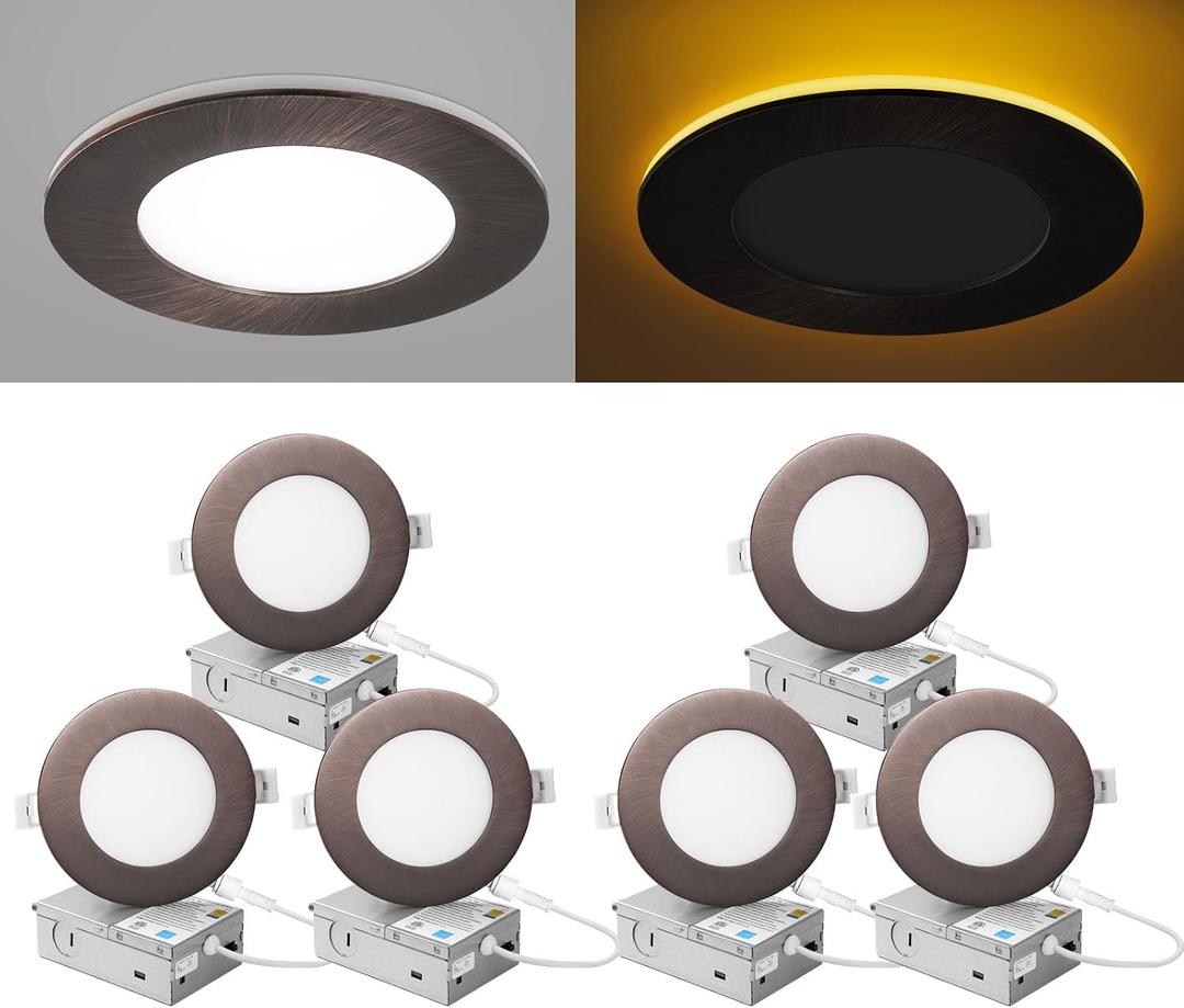 ZYC Recessed Lighting 4 Inch - 9W 800LM LED Recessed Ceiling Light with Night Light,2700K/3000K/4000K/5000K/6000K Selectable Ultra-Thin Lighting,Dimmable Canless Wafer Downlight,Pack of 6Bronze.