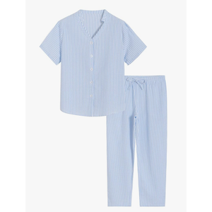 Latuza Women's Petite Seersucker Pajamas Set Cotton Pj Set Petite Size S Light Blue Stripe