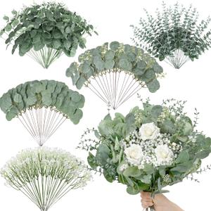 Palonu 200 Pcs 5 Kinds Mixed Artificial Eucalyptus Leaves Stems Bulk Babys Breath Eucalyptus Bundle Faux Plants Greenery for DIY Bouquets Floral Arrangement Wedding Engagement Party Decor
