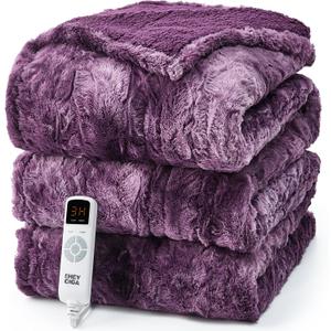 EHEYCIGA Electric Heated Blanket Full Size Faux Fur, 10 Hours Auto Shut Off 9 Heating Levels Heating Blanket, Soft Warm Heated Blanket Fast Heating Purple, Faux Fur & Sherpa