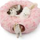 Lesure Large Cat Tunnel Bed - Cute Donut Bed for Indoor Cats with Washable Circle Cushion, Round Pet Peekaboo Cave Toy for Multi Kitten/Puppy/Rabbit, Large Pink Taffy (32"L x 32"W x 10"H)