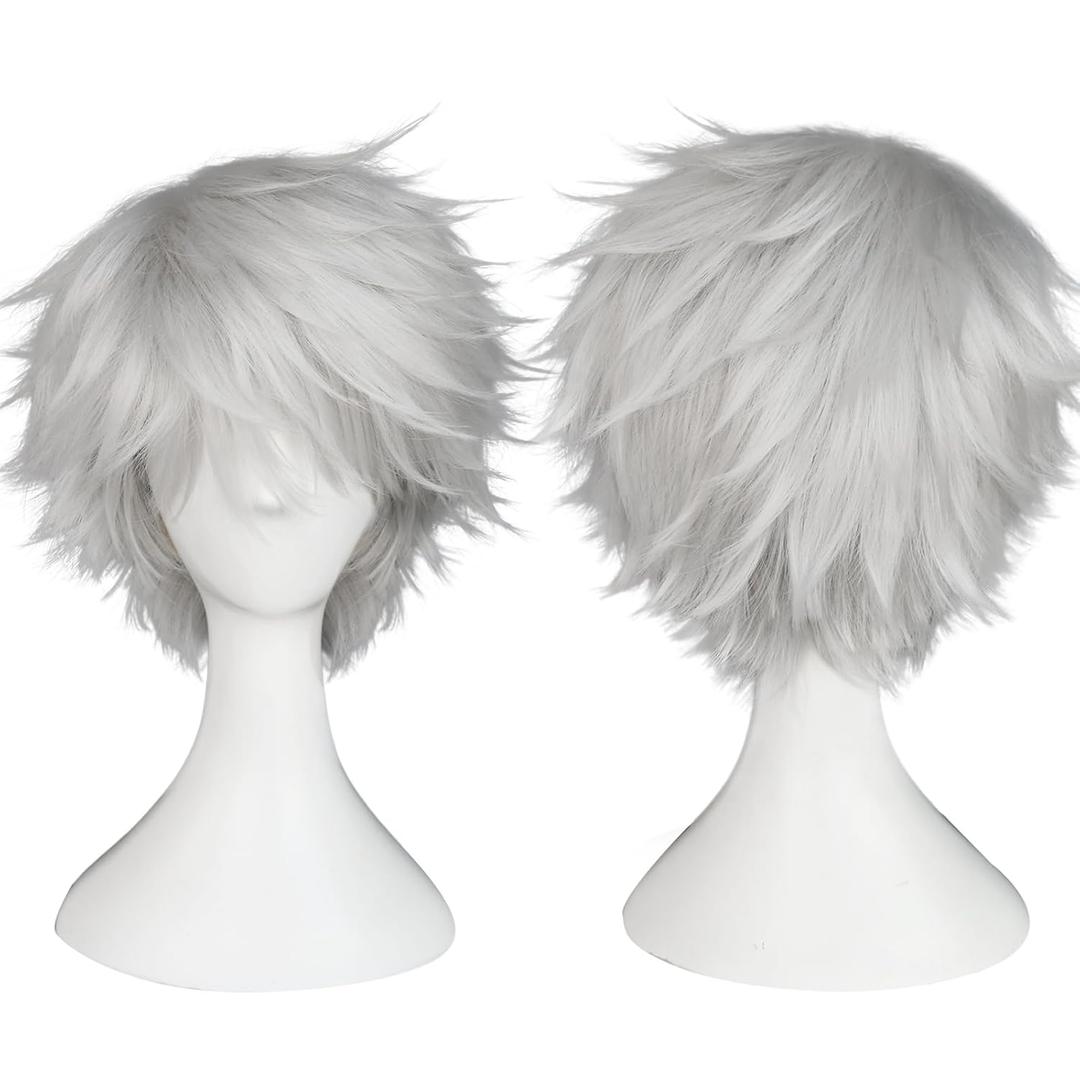 BESTBEL+Hair Cap Short Sliver Wig Sliver Short Wig for Men Short Messy Wig Synthetic Anime Hair for Halloween Cosplay Mens Cosplay Outfit for Costume Party