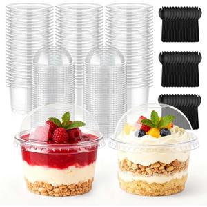 Mwellewm 100 Packs Dessert Cups with Lids, 8 OZ Disposable Plastic Cups with Dome Lid and Fork,Clear Desert Cup Mini Party Serving Container for Parfait Fruit Pudding Jello Ice Cream Drink Yogurt Cake