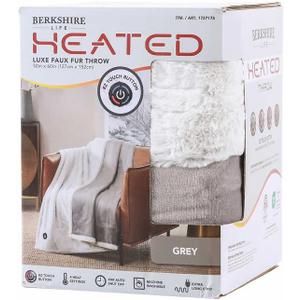Berkshire Life Heated Throw - 50 in X 60 in Electric Blanket - EZ Touch Button - 4 Heat Settings - Machine Washable - Extra Long Cord - Reversable White Luxe Faux Fur to Color - Grey