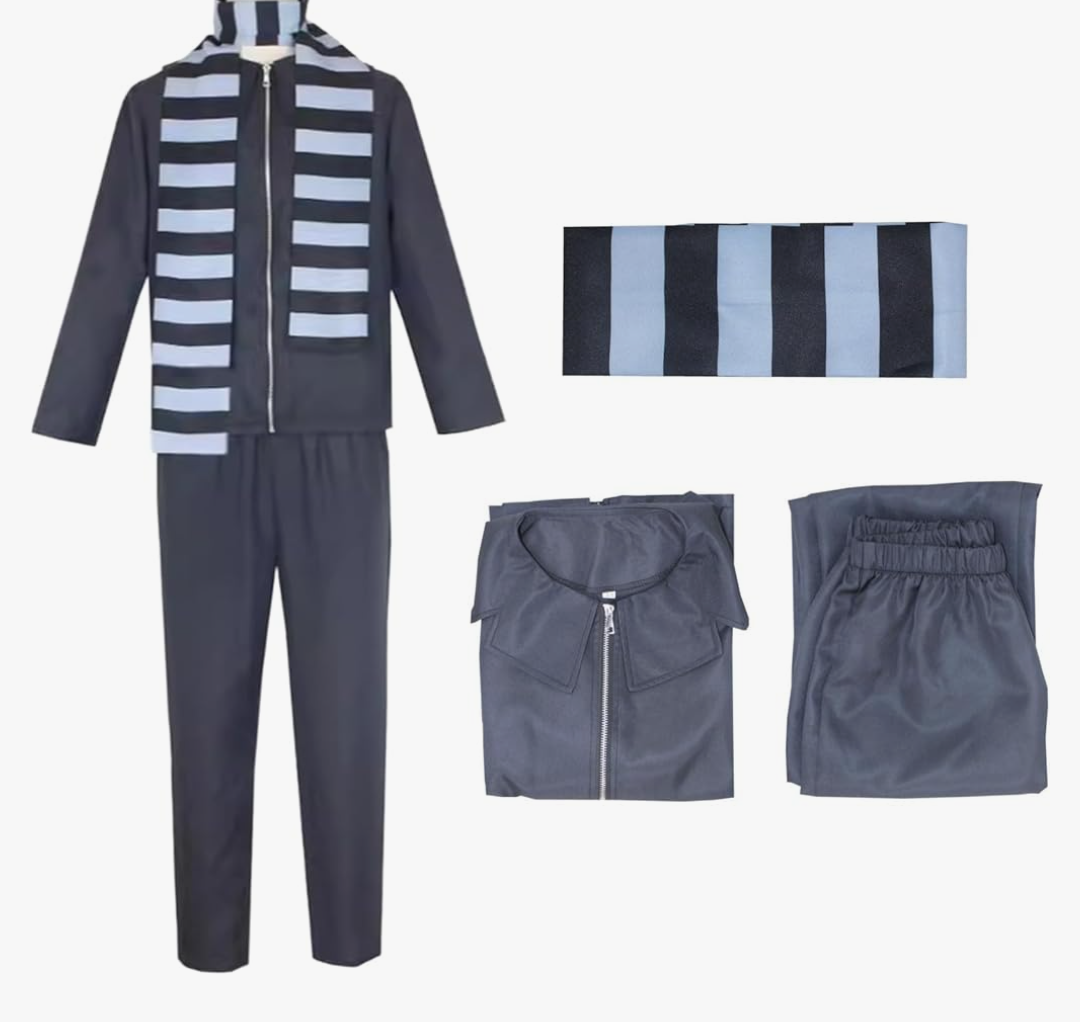 Men Women Adult Anime Cosplay Grey Costume 3 Piece Tracksuit Halloween Zipper Jacket Coat Pants with Striped Scarf Size S