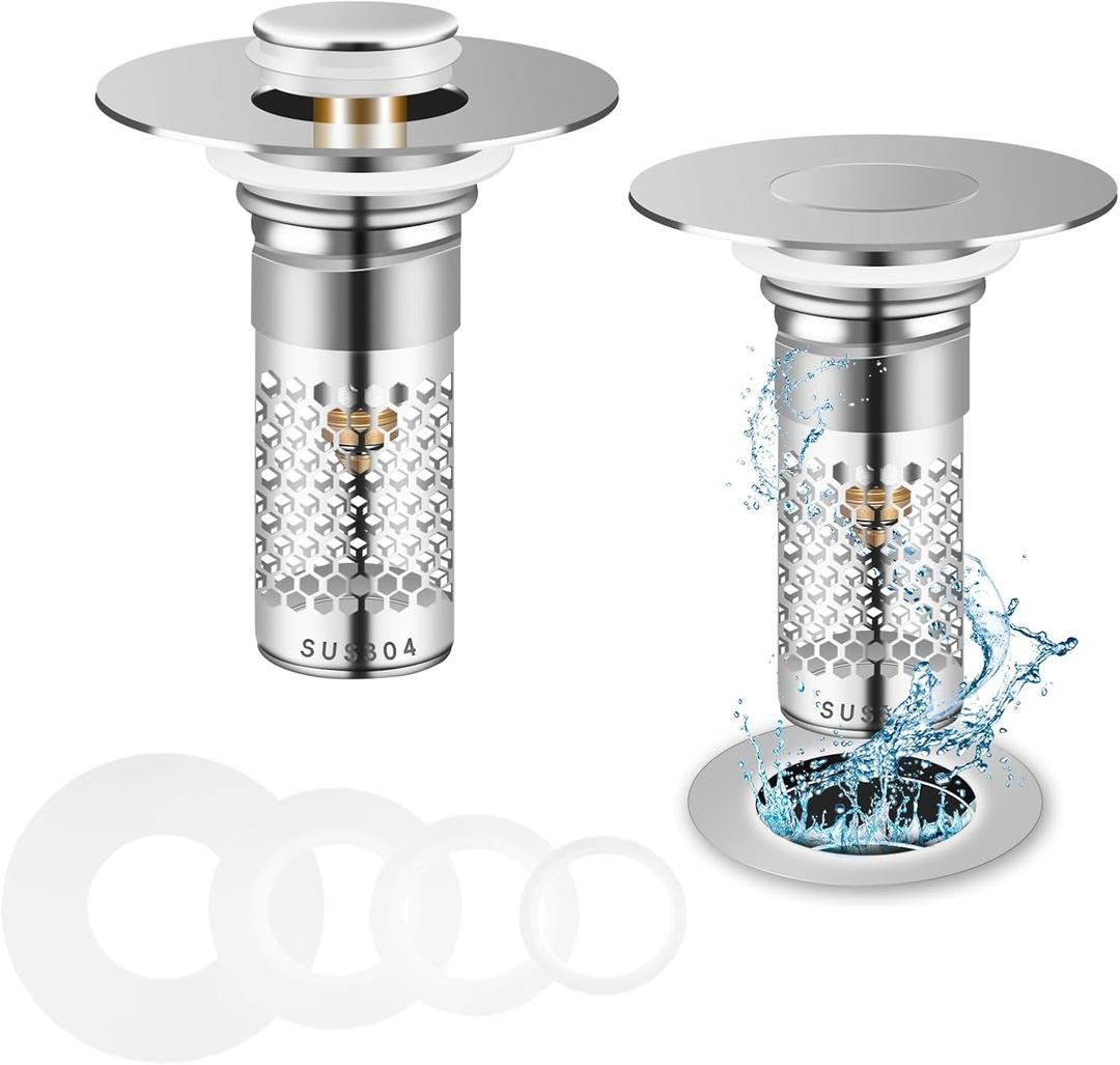 2Pcs Bathroom Sink Drain Strainer&Sink Stopper Hair Catcher, Pop Up Sink Drain Strainer for US Bathroom Sink Stopper Replacement, with Removable Stainless Steel Strainer Basket and 4 Silicone Rings