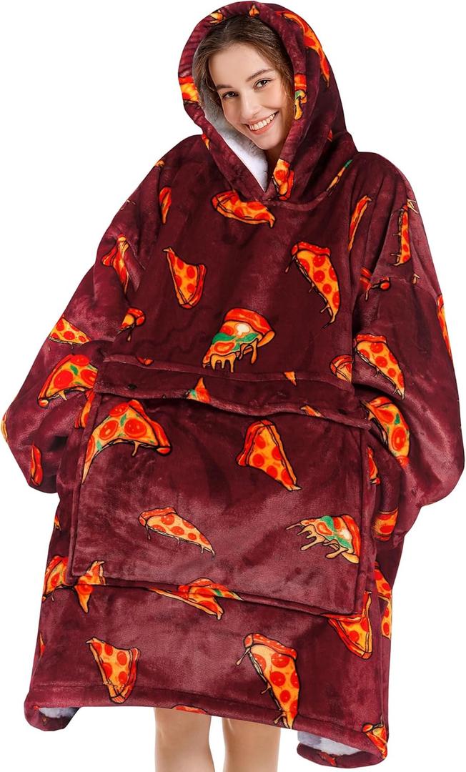 Narecte Cozy Oversized Blanket Hoodie Wearable Blanket Adults Soft Hooded Blanket Hoodie Birthday Gifts for Women Christmas (Pizza)