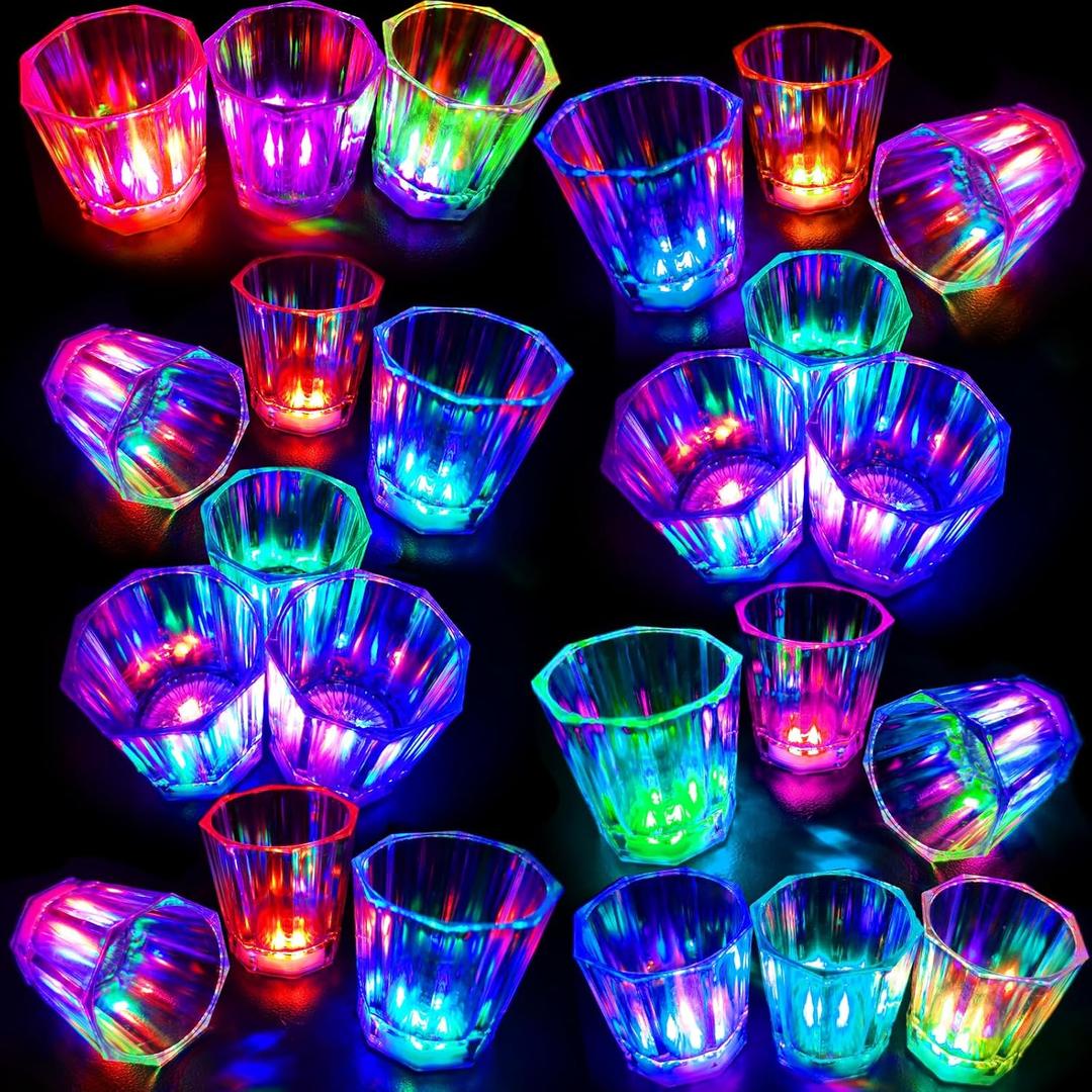 24 Pack LED Light Up Shot Glasses - Glow in the Dark Reusable Plastic Party Cups with Flashing Lights, 2OZ for Adults Birthday Christmas Halloween Bar Easter (Party Favors Supplies)