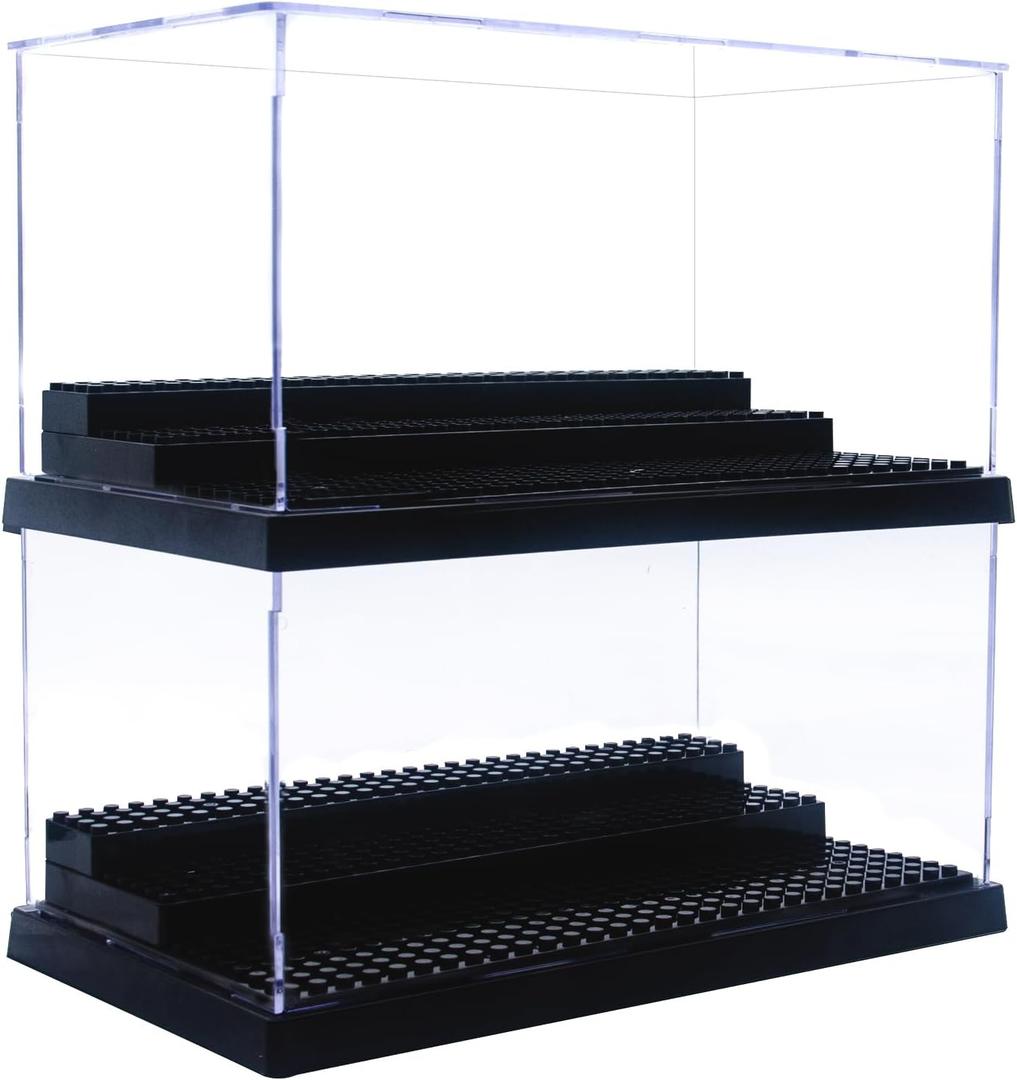 Minifigure Display Case for Action Figures Blocks, Dustproof Acrylic Display Box Storage with 3 Movable Steps for Collection Models Minifigures, Bricks Blocks Toys