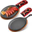 Lallisa 2 Sets Cast Iron Fajita Plate Set Fajita Plate Pan with Wooden Tray Anti Scald Protection Hot Mitt Cast Iron Skillet Set for Home Barbecue Kitchen Party Restaurant Catering Service