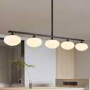 5-Light Linear Chandelier, Black Kitchen Island Light, Mid Century Globe Chandelier, Dining Room Light Fixture with Milk Glass Shades