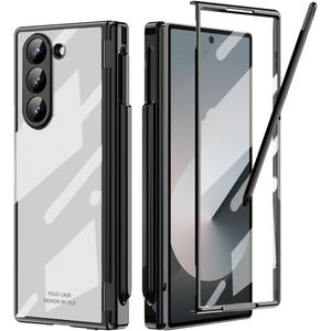 for Samsung Galaxy Z Fold 6 Case with S Pen Holder & Slim Stylus, Crystal Clear All-Inclusive Case with Kickstand Hinge Protection Screen Protector Pen Slot Protective Cover for Z Fold 6 Black