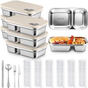12 Pcs Stainless Steel Snack Containers Set 6 Pack 2 Compartment Bento Boxes with Lids 6 Sets of Reusable Flatware 20oz Grab and Go Chopsticks Knife Fork Spoon with Case for Travel Picnic