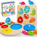 Dinosaur Matching Eggs Multi-Layer Wooden Peg Puzzles, Sorting & Stacking Montessori Early Educational Learning Shape Toys for Preschool Boys & Girls, Christmas Birthday Gifts for Toddlers