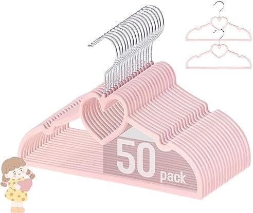 GOSCHE Kids Velvet Hangers (12.8 Inch - 50 Pack), Non-Slip Baby Clothes Hangers for Closet, Ultra Slim Space Saving Childrens Hangers, 360Degree Swivel-Hook, Infant/Toddler Hangers, Dark Pink