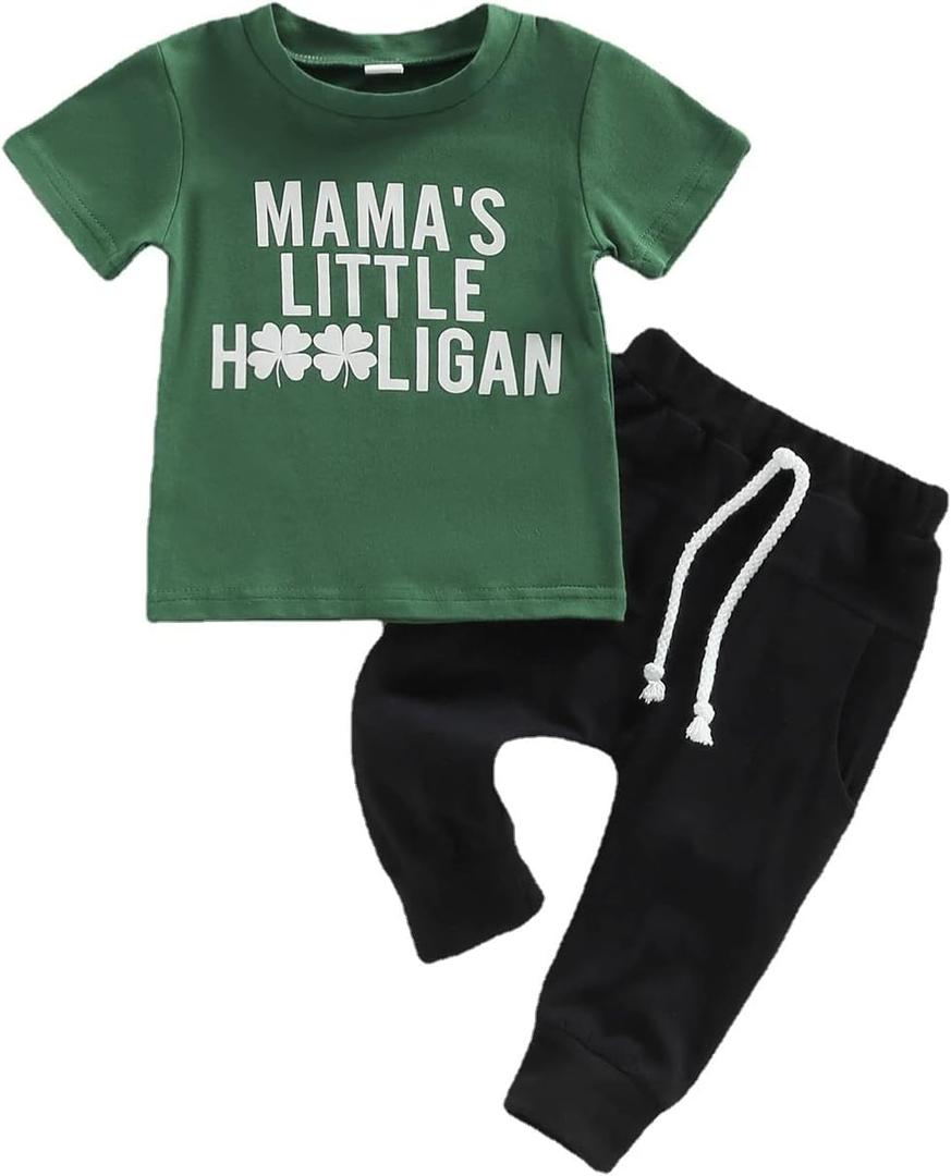 Toddler Baby Boy St. Patrick's Day Clothes Short Sleeve Letter Print T-Shirt Tops Casual Drawstring Pants Outfits