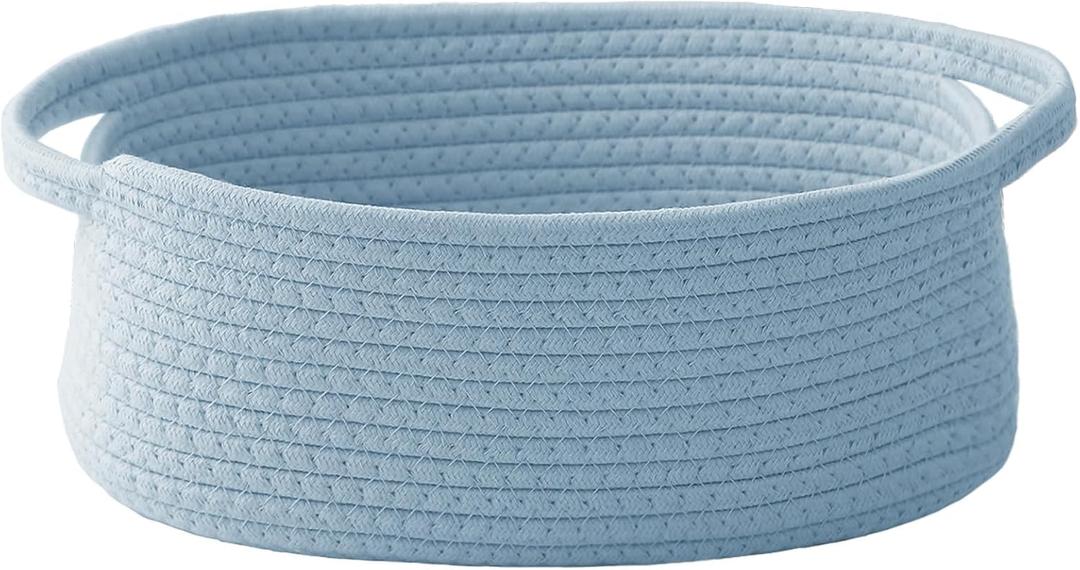 JMvicyroam Woven Basket,Small Rope Storage Bin with Handles & Ribbon Bag, Organizer for Shelves Closets,Gift Basket Empty for Birthday,Books,Dog Toys, Blue (1 Pack)