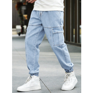 Manfinity Homme Loose Fit Men's Cotton Flap Pocket Side Jogger Jeans Going Out Hang Out Work College Work, Light Blue, XL