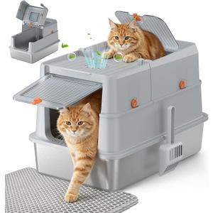 XXL Stainless Steel Litter Box with Lid, Enclosed Metal Cat Litter Box, High Sides Anti‑Splash Cat Toilet, Easy Clean Rustproof Stainless Steel Litter Pan for Large Cats Multiple Cats