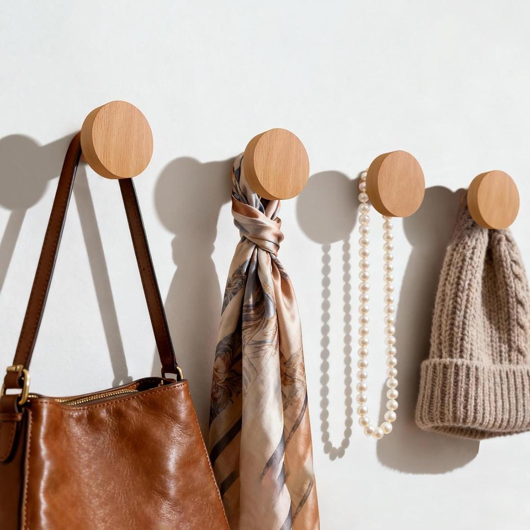 4 Pack Wood Hooks No Damage Wall Hooks Round Rings Adhesive Hooks Clothes Friendly for Coat Hat Towels Backpacks Bedroom Entryway Hallway Saving Space Natural Modern Home Decorative (Beech)