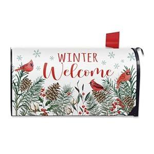 Hello Winter Skiing Snowman Mailbox Cover Magnetic Standard Size 21" x 19", Snowy Bird Decorative Post Letter Box Wrap Decor, Seasonal Christmas Snowflake Garden Yard Outdoor Decoration