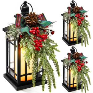 ROCEEI 3 Set Christmas Decorative Lantern Porch Decorations with LED Flickering Flameless Candle 14 Inch Vintage Hanging Lantern Xmas Centerpieces for Tables Indoor Outdoor Decor (Vintage Style)