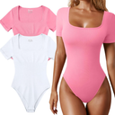 OQQ Women's 2 Piece Bodysuits Sexy Ribbed One Piece Square Neck Short Sleeve Bodysuits Size L