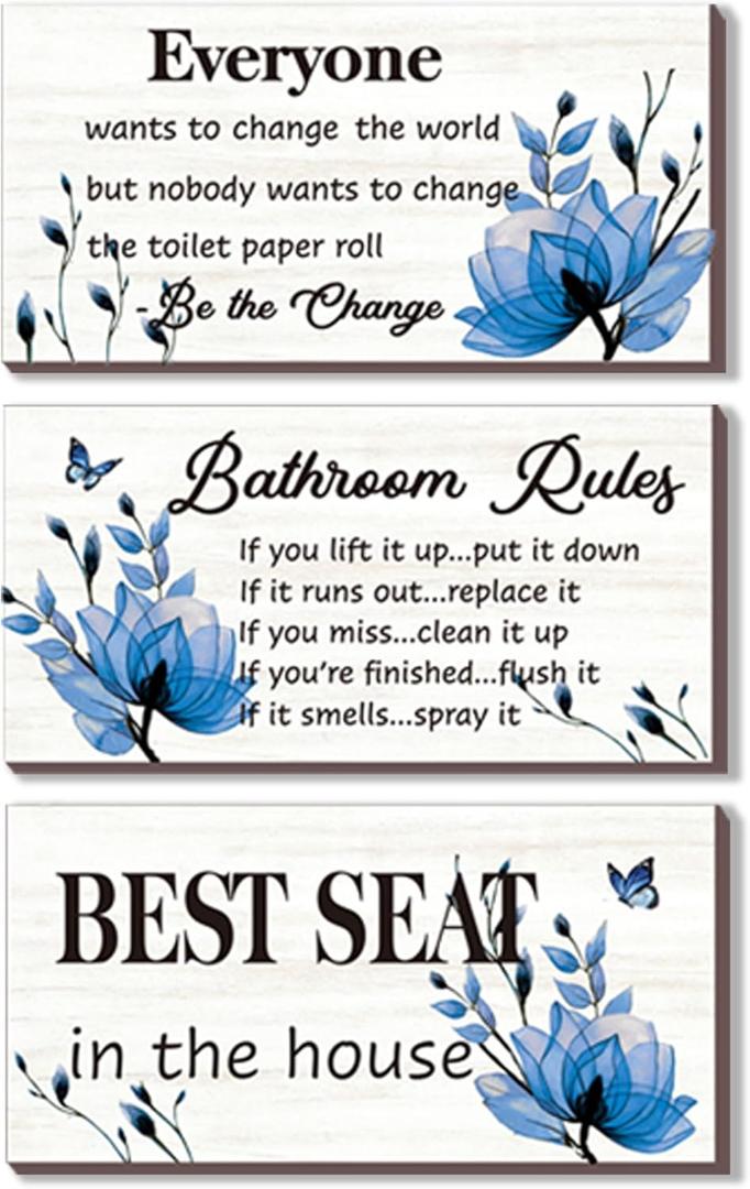 DONFENTHY 3-Piece Blue Bathroom Decor: Bathroom Rules Wall Art - Blue Flower Signs - 'Best Seat in The House' Rustic Farmhouse Wooden Sign (10x5 Inch)