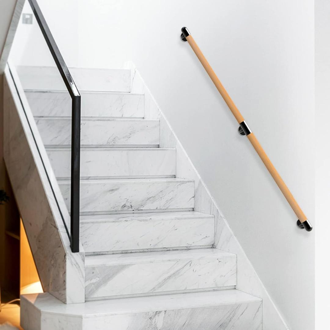 Dolibest 3-10 ft Wood Handrail Indoor Stairs Handrail Wall Mount Handrail w/Sturdy Metal Barckets, Non-Slip and Comfty Handrail Barrier-Free Staircase Grab Bar for Elderly, 1-1/2'' Round