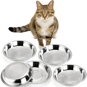 DEAYOU 5 Pack Stainless Steel Cat Bowls, 7.7" Wide Shallow Cat Food and Water Dish, 16 OZ Basic Pet Feed Bowl, Metal Replacement Bowl Plate for Kitten, Puppy, Dog, Elevated Stand, Whisker Friendly
