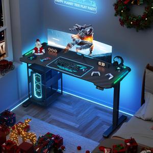 Gaming Standing Desk with LED Lights & Host Shelf, 55" x 24" Gaming Table with Music Sensing APP Control, Underdesk Cable Storage Electric Standing Desk, Black Carbon Fiber PC Table for Home Office