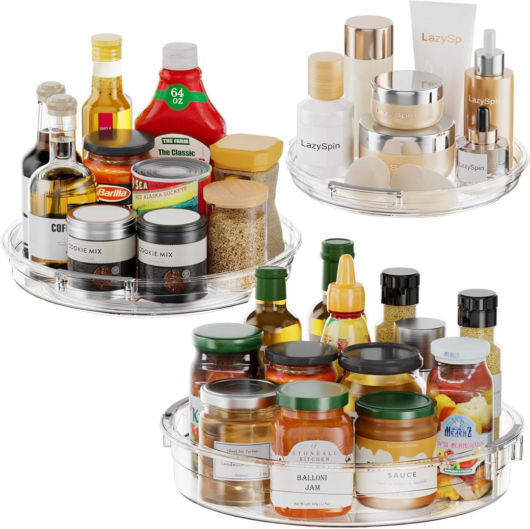 LazySpin 3 Pack Lazy Susan Organizer, Clear Lazy Susan Turntable Organizer for Cabinet, Kitchen, Refrigerator, Pantry, Bathroom, Rotating Spice Organization, 3 Size 9.25'' 10.6'' 12'', Acrylic