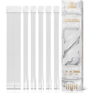 AsiaHorse Power Supply Sleeved Cable, 16 AWG PSU Extension Cable Kit of White Connector, 1x24Pin/2x4+4 EPS/3x6+2 PCI-E, 30cm Length with Combs-White
