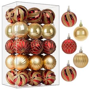 SHareconn 28ct 2.36 Inch Christmas Tree Balls Ornaments, Colored Shatterproof Plastic Decorative Baubles Decorations for Xmas Tree Decor Holiday Party Wedding Decoration (Red & Gold, 60mm)
