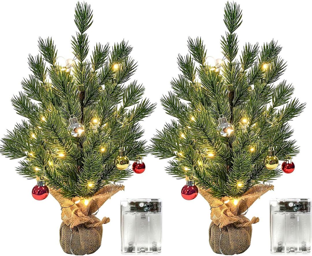 LACHARM 2 Pack 16 Inch Mini Christmas Tree, Tabletop Christmas Tree with Battery Operated Copper Lights and Hanging Ornaments, Small Xmas Tree for Home, Office, Kitchen Table Christmas Decoration