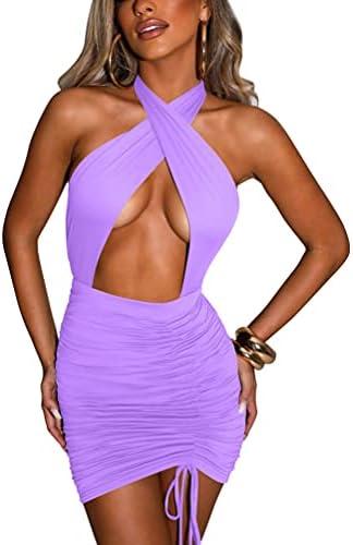 Women's Sexy Criss Cross Halter Tie Up Backless Drawstring Ruched Bodycon Mini Club Party Dress size M