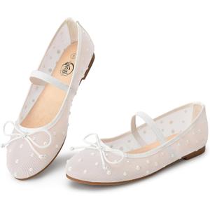 Trary Flats for Women Closed Round Toe Ballet Flats Mary Jane Shoes Women with Elastic Strap Cute Bowknot Comfortable Dress Shoes for All-Year Daily Work Casual Wear (5.5, Mesh White)