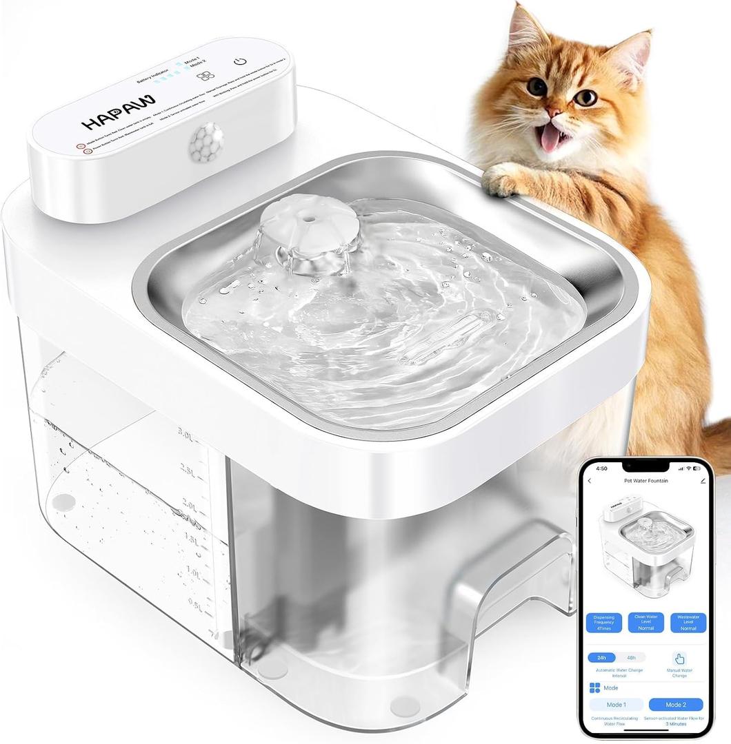 Cat Fountain with App Monitoring, 3 L Fresh & 1.35 L Waste Water System, Drinking Fountain for Cats, Filterless Automatic Water Dispenser with 5000 mAh, White