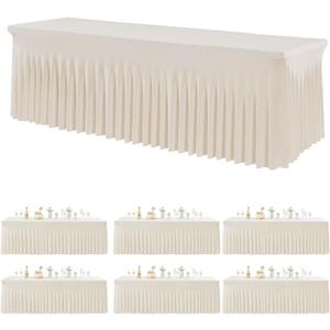 6pk Ivory Spandex Tablecloth for 8 Foot Rectangle Tables, Stretch Table Cloths 8ft Fitted Tablecover Desk Skirt for Parties Weddings Birthday Banquet Baby Shower