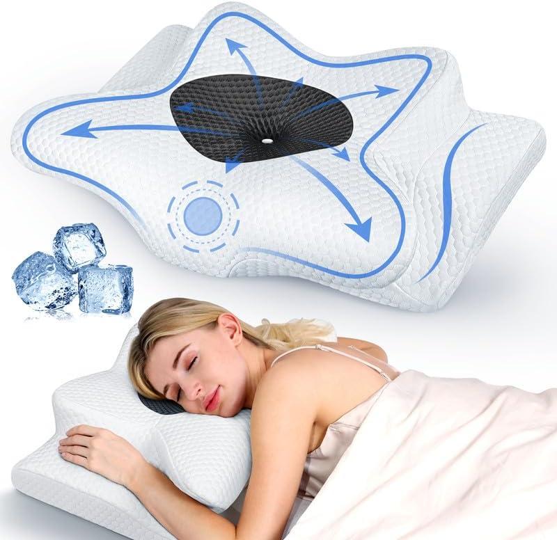 Emircey Painless Sleeping Cervical Neck Pillow for Pain Relief, Adjustable Memory Foam Pillows for Side Back Stomach Sleeper, Odorless Cooling Pillow/Breathable Cases, Orthopedic Contour Bed Pillow (Queen, Black)
