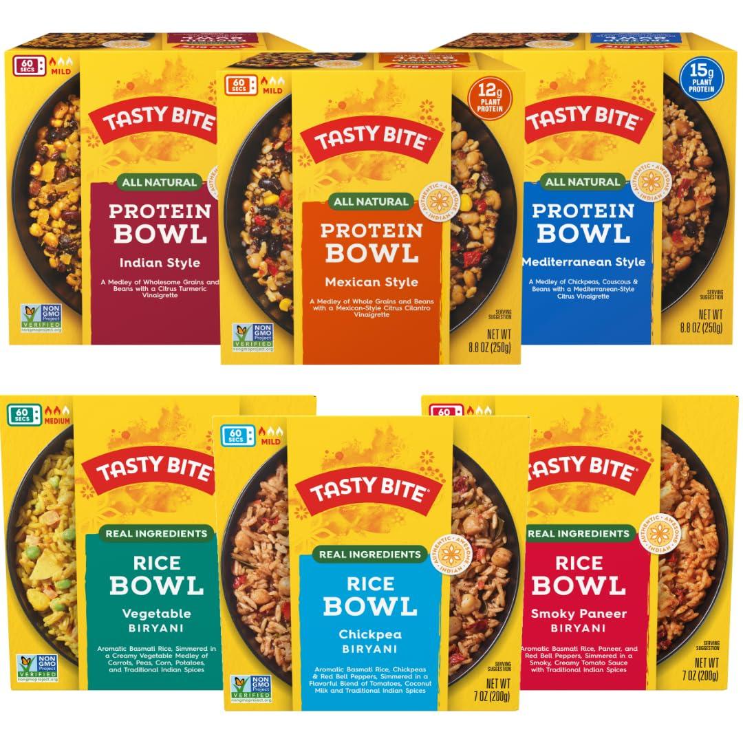 Tasty Bite Bowls Variety, Pack of 6, Mexican Protein, Mediterranean Protein, Indian Protein, Chickpea Biryani, Smoky Paneer Biryani, Vegetable Biryani BBD 01/31/2026