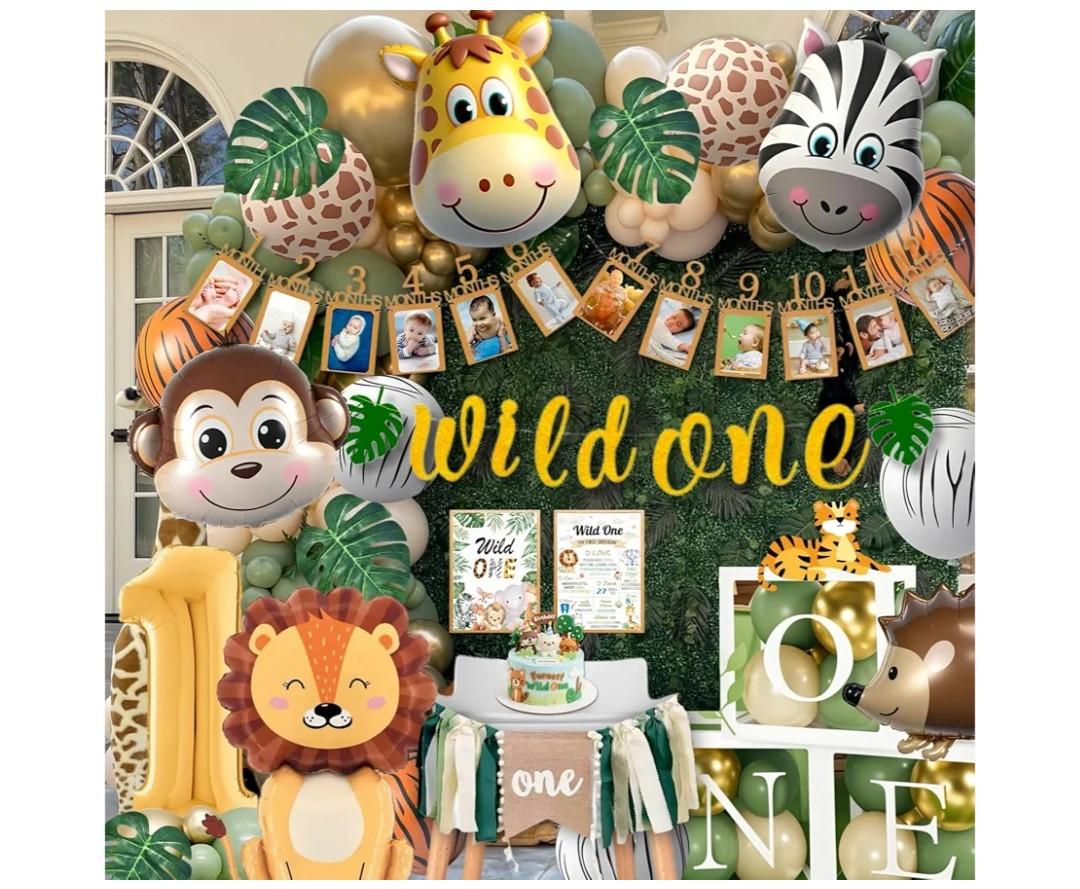 Daidle Wild One Birthday Decorations, 1st Birthday Decorations for Boy or Girl, Photo Banner, Balloon Box, Balloons Garland, High Chair Banner, Jungle Theme Safari Party Backdrop for Boys & Girls