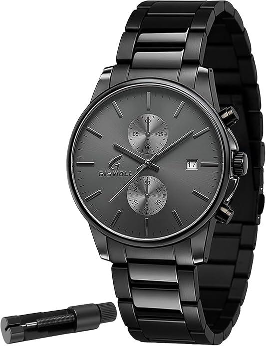 Stylish Stainless Steel Chronograph Watches for Men with a Hefty, SolidBuild Feel — Waterproof Quartz Mens Watches with Auto Date & Second Subdials, Valentines Day Gifts for Him, Boyfriend, Husband, Dad (Black, Stainless Steel)