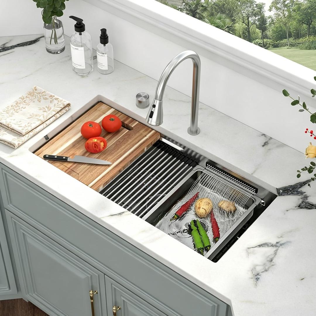 Kichae 33 Undermount Waterfall Kitchen Sink - Undermount Sink 33"x17" Ledge Workstation 16 Gauge Stainless Steel Deep Single Bowl Under Counter Handmade Basin with Faucet Combo & Wash Basin, 33"x17"x9"
